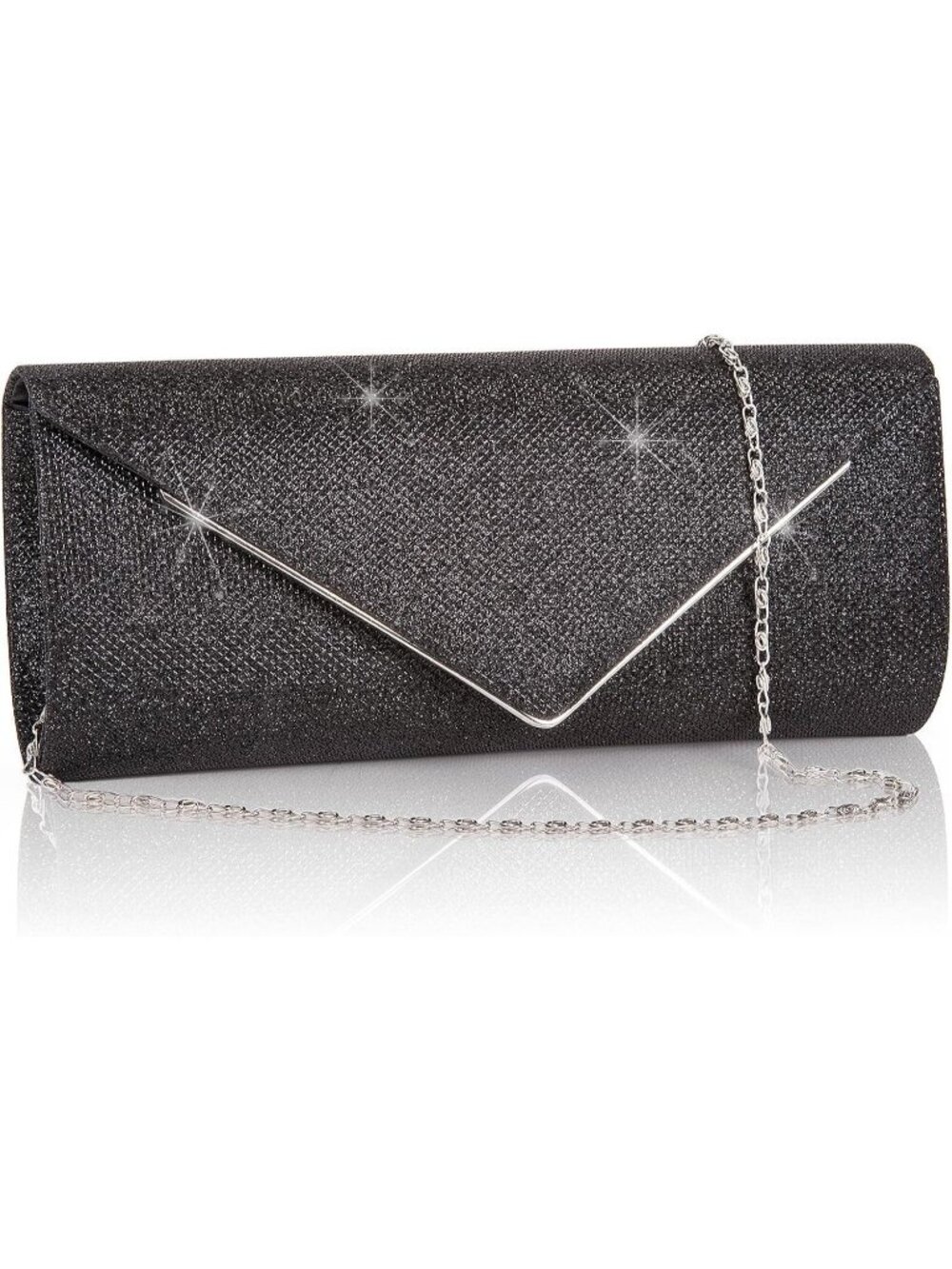 Women's Black Sparkling Envelope Purse Detachable Chain Evening Bag